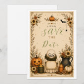 かわいいコテージコアハロウィンのSave the Dateカード (正面/裏面)