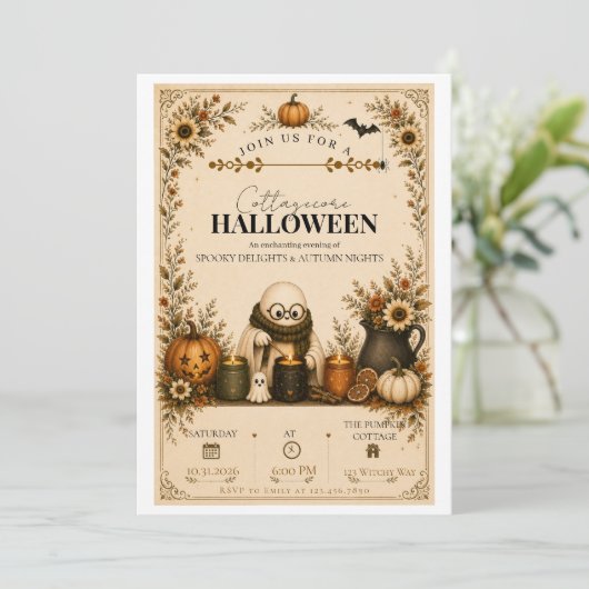 かわいいコテージコア ハロウィンパーティー招待状 (スタンド正面)