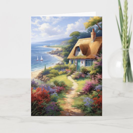かわいいコテージザシーフラワーハローフォールディング カード (正面)