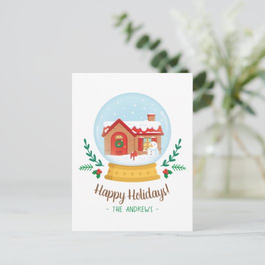 かわいいコテージ雪だるまクリスマスグリーティングススノーグローブ シーズンポストカード (スタンド正面)
