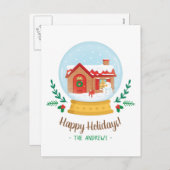 かわいいコテージ雪だるまクリスマスグリーティングススノーグローブ シーズンポストカード (正面/裏面)