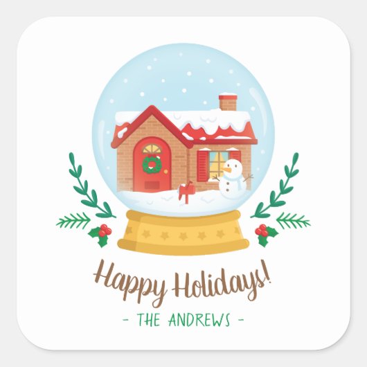 かわいいコテージ雪だるまクリスマススノーグローブステッカー スクエアシール (正面)