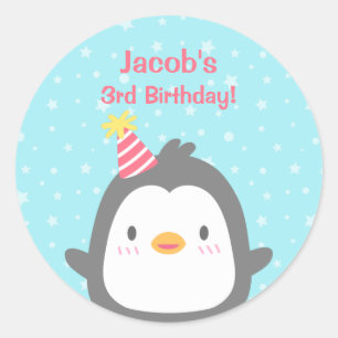 かわいいコペンギンのバースデーパーティーのお礼ステッカー ラウンドシール