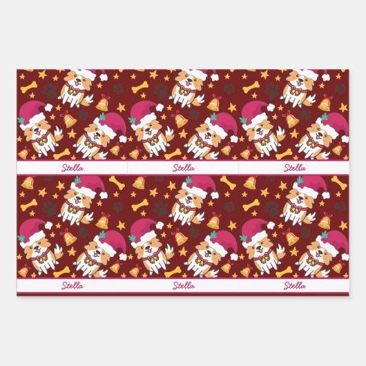 かわいいコルギのクリスマスにカスタムの犬名 ラッピングペーパーシート (正面3)