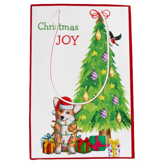 かわいいコルギドッグサンタハットとクリスマスツリー ミディアムペーパーバッグ (正面)