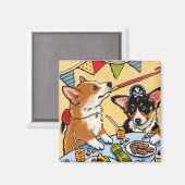 かわいいコルギドッグバースデーパーティパピースクエア マグネット (正面/裏面)