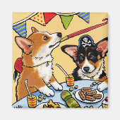 かわいいコルギドッグバースデーパーティパピースクエア マグネット (正面)