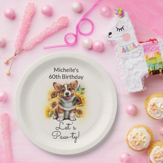 かわいいコルギドッグヒマワリ60誕生日 ペーパープレート (パーティー)