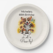 かわいいコルギドッグヒマワリ60誕生日 ペーパープレート (正面)