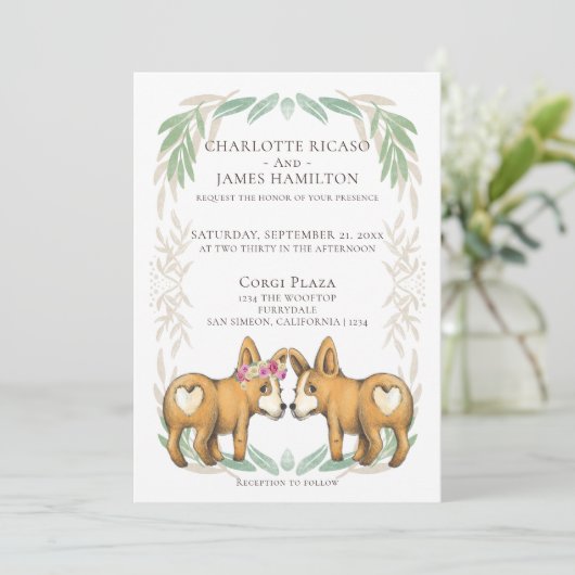 かわいいコルギドッグ花嫁結婚と花婿 招待状 (スタンド正面)