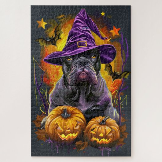 かわいいコルソ犬のハロウィン、魔女とカボチャ ジグソーパズル (縦)