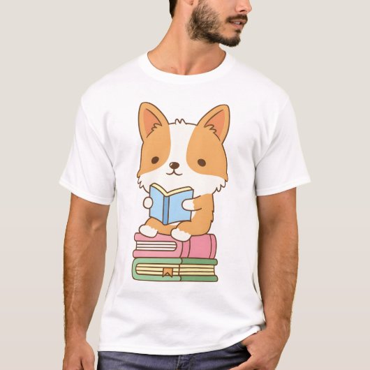 かわいいコーギは本が大好き読だ Tシャツ (正面)