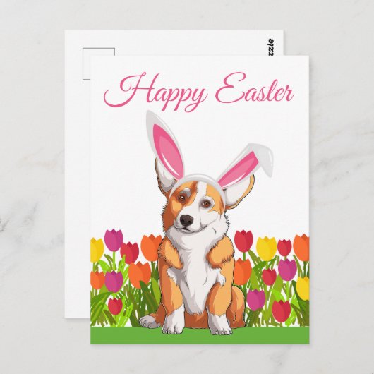 かわいいコーギイースターバニー耳チューリップ花 ポストカード (正面/裏面)