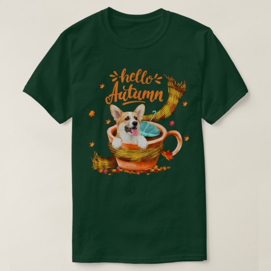 かわいいコーギコーヒーカップハロー秋 Tシャツ (デザイン正面)