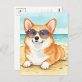 かわいいコーギサングラスビーチ海夏はがき ポストカード (正面/裏面)