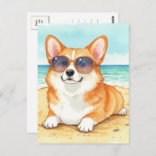 かわいいコーギサングラスビーチ海夏はがき ポストカード (正面/裏面)