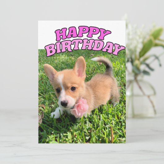 かわいいコーギパピードッグフォトピンクハッピーバースデー カード (スタンド正面)