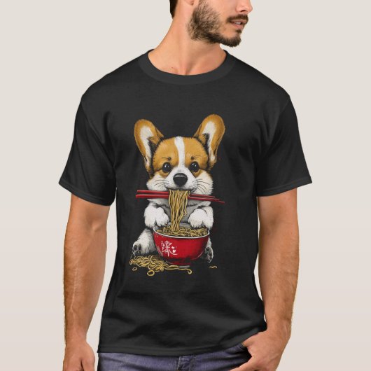 かわいいコーギーがラーメンを食べている Tシャツ (正面)