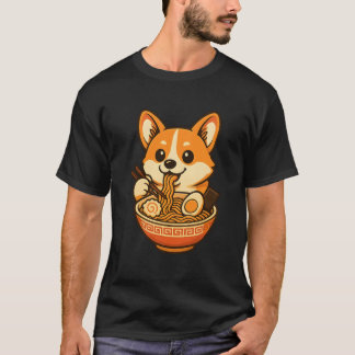 かわいいコーギーがラーメンを食べるデザイン　犬グッズ Tシャツ