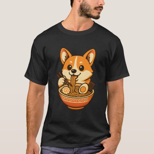 かわいいコーギーがラーメンを食べるデザイン 犬グッズ Tシャツ (正面)