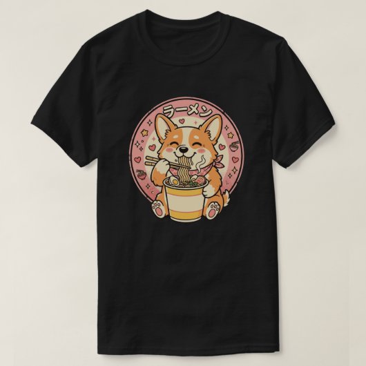かわいいコーギーがラーメンを食べる 日本のかわいい麺類 Tシャツ (デザイン正面)