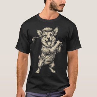 かわいいコーギーのゴルファー ビンテージ ゴルフ グラフィック デザイン Tシャツ
