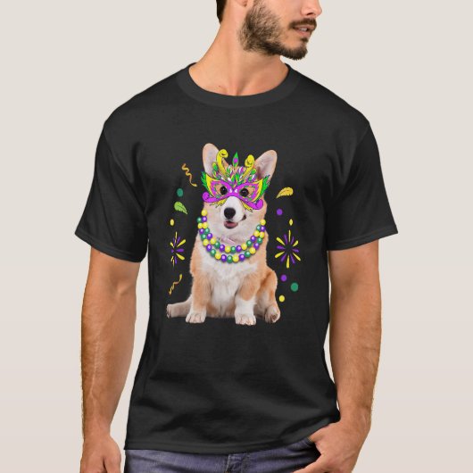 かわいいコーギーのマルディグラ マスクとビーズの犬 Tシャツ (正面)