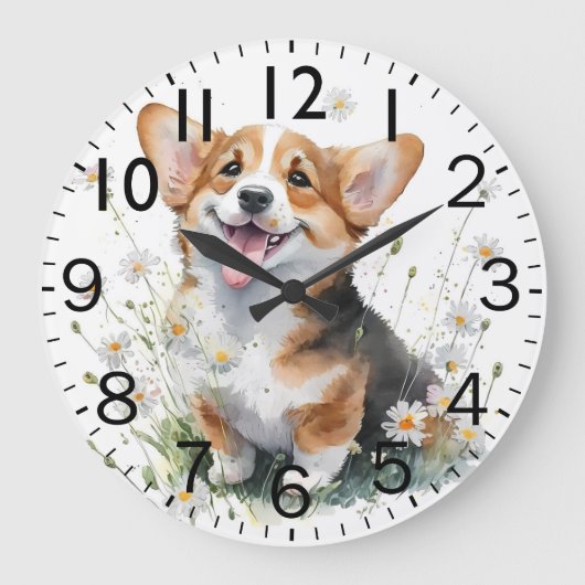 かわいいコーギーの子犬 ラージ壁時計 (正面)