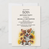 かわいいコーギーの犬とひまわり 50歳の誕生日 招待状 (正面)