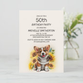かわいいコーギーの犬とひまわり 50歳の誕生日 招待状 (スタンド正面)
