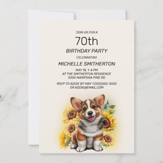 かわいいコーギーの犬とひまわり 70歳の誕生日 招待状 (正面)