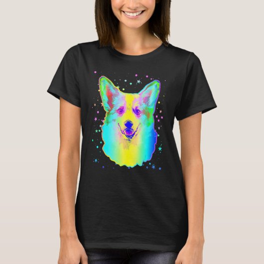 かわいいコーギーの犬の顔 虹色 スペース ブラック Tシャツ (正面)