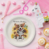 かわいいコーギーの犬ひまわりの誕生日 ペーパープレート (パーティー)