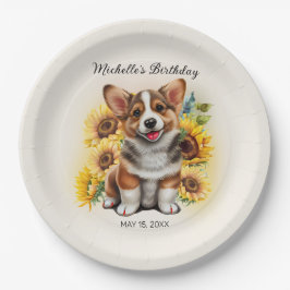 かわいいコーギーの犬ひまわりの誕生日 ペーパープレート