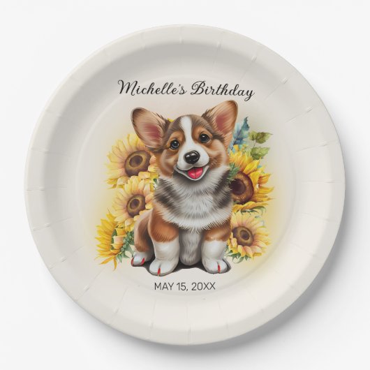 かわいいコーギーの犬ひまわりの誕生日 ペーパープレート (正面)