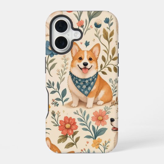 かわいいコーギーの花柄ガーデンパターン iPhone 16ケース (裏面)