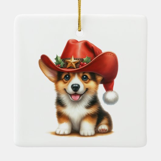 かわいいコーギーカウボーイサンタ帽クリスマス セラミックオーナメント (裏面)