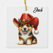 かわいいコーギーカウボーイサンタ帽クリスマス セラミックオーナメント (正面)