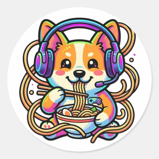 かわいいコーギーゲーマーラーメンバッジ ラウンドシール (正面)