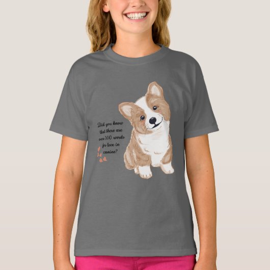 かわいいコーギー子犬の愛らしい子供用グレーTシャツ Tシャツ (正面)