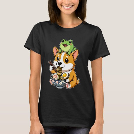 かわいいコーギー犬とカエルがラーメンを食べる Tシャツ (正面)