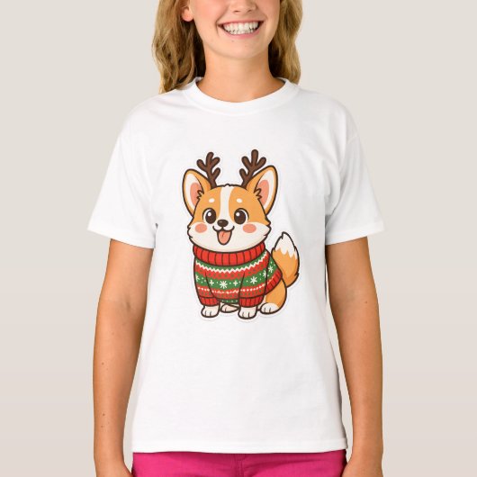 かわいいコーギー犬のクリスマスセーター ホリデースウェット Tシャツ (正面)