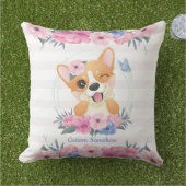 かわいいコーギー犬フラワーリース青い蝶カスタム アウトドアクッション (芝生)