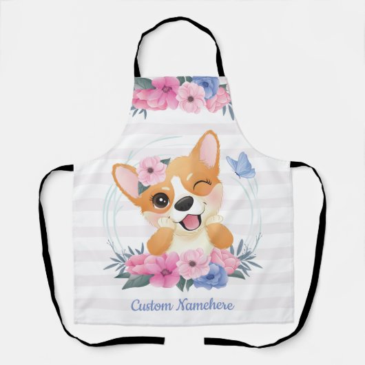 かわいいコーギー犬フラワーリース青い蝶カスタム エプロン (正面)