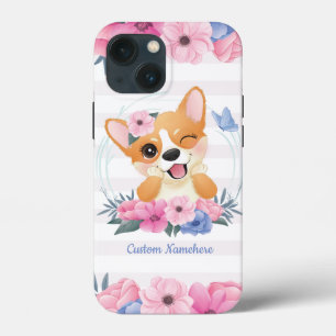 かわいいコーギー犬フラワーリース青い蝶カスタム iPhone 13 MINIケース