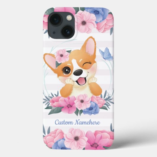 かわいいコーギー犬フラワーリース青い蝶カスタム Case-Mate iPhoneケース (裏面)