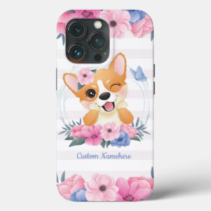 かわいいコーギー犬フラワーリース青い蝶カスタム iPhone 13 PROケース