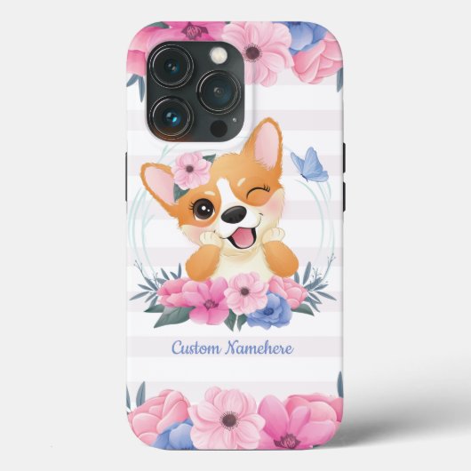 かわいいコーギー犬フラワーリース青い蝶カスタム Case-Mate iPhoneケース (裏面)