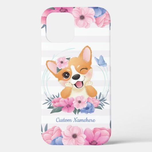 かわいいコーギー犬フラワーリース青い蝶カスタム Case-Mate iPhoneケース (裏面)