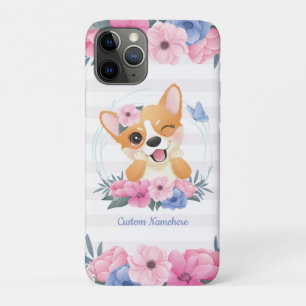 かわいいコーギー犬フラワーリース青い蝶カスタム iPhone 11 PROケース